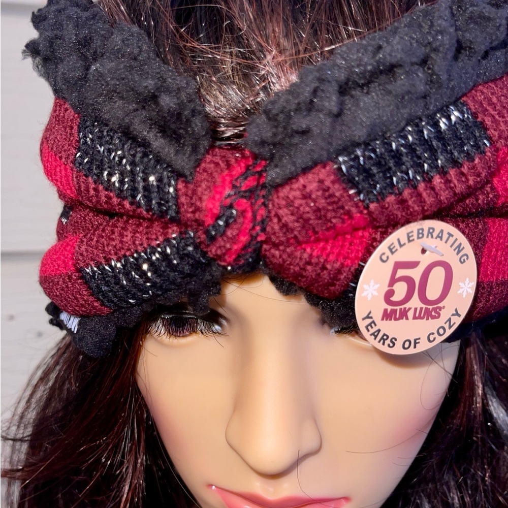 MUK LUKS Buffalo Plaid Reversible Headband in Dark Red/Black with Faux Fur - Picture 7 of 16
